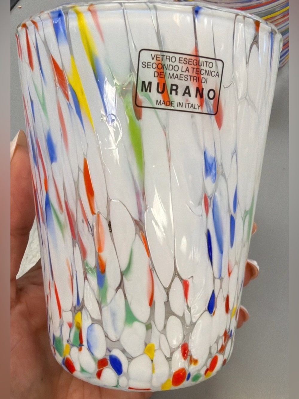 NEW 2 Murano Vetro Eseguito Art White Confetti Hand Blown Tumbler Glasses ITALY